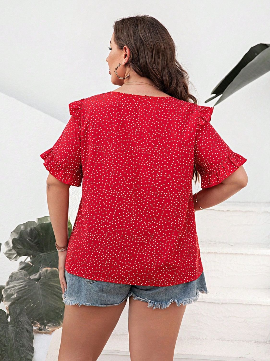 Plus Size Polka Dot Notched Flounce Sleeve Blouse with Ruffled.