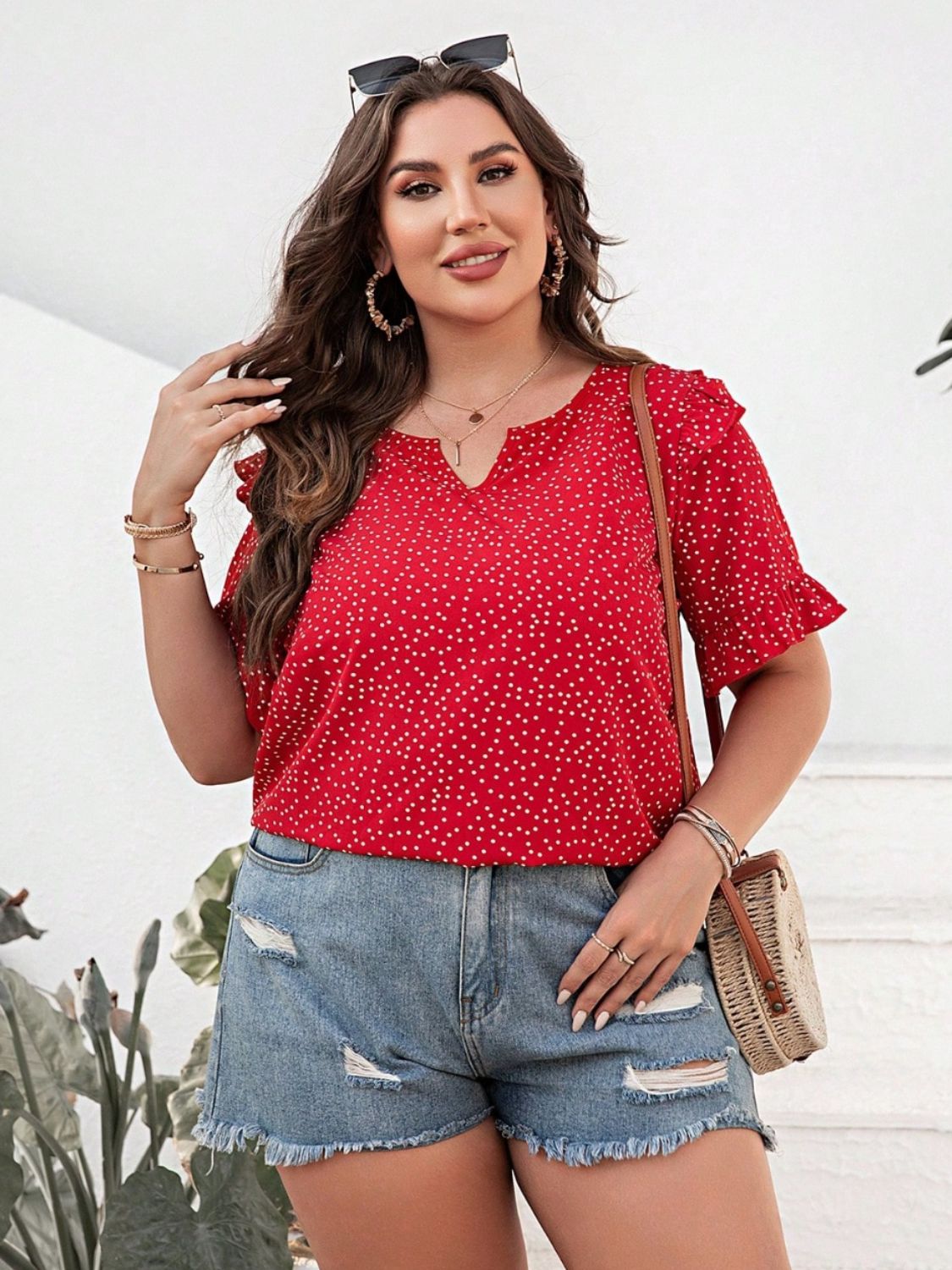 Plus Size Polka Dot Notched Flounce Sleeve Blouse with Ruffled.