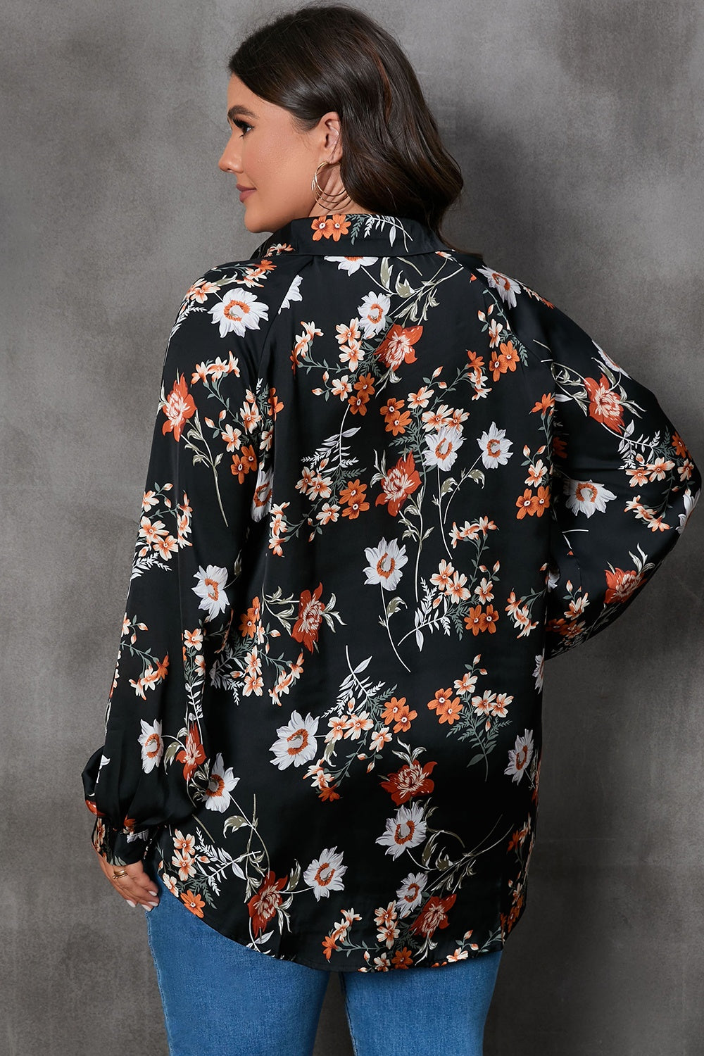 Plus Size Printed Johnny Collar Long Sleeve Blouse.
