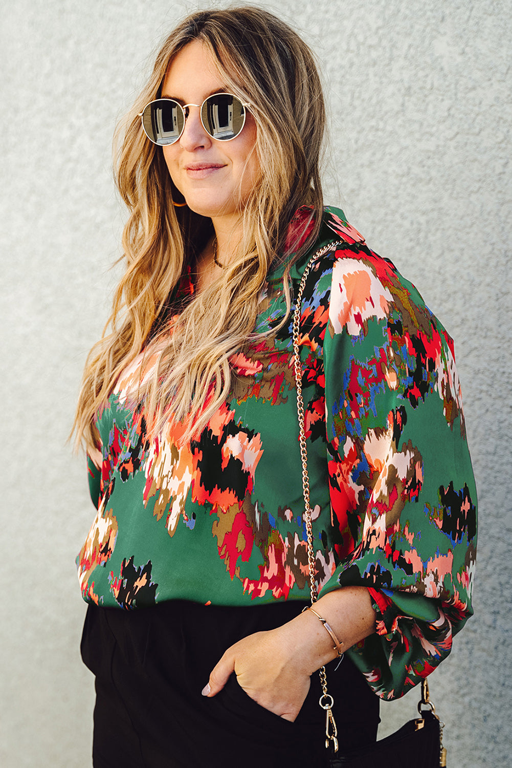 Plus Size Printed Johnny Collar Long Sleeve Blouse.