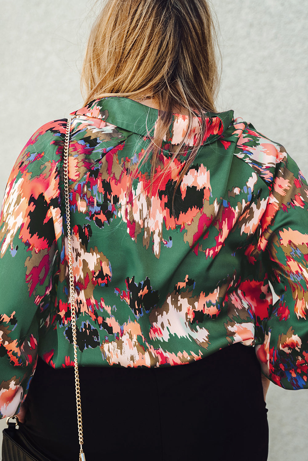 Plus Size Printed Johnny Collar Long Sleeve Blouse.