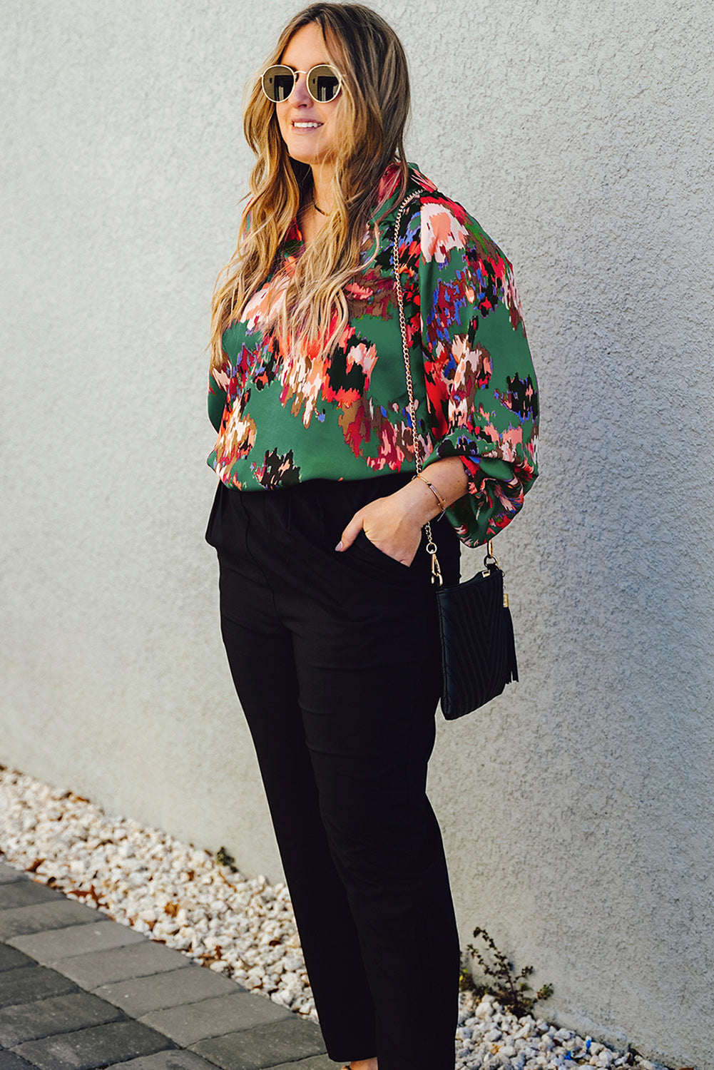 Plus Size Printed Johnny Collar Long Sleeve Blouse.