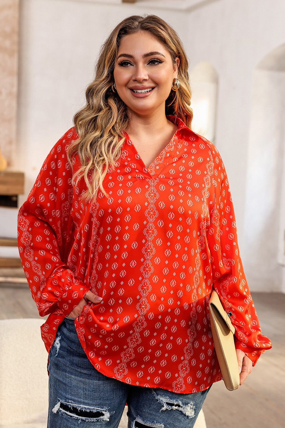 Plus Size Printed Johnny Collar Long Sleeve Blouse.