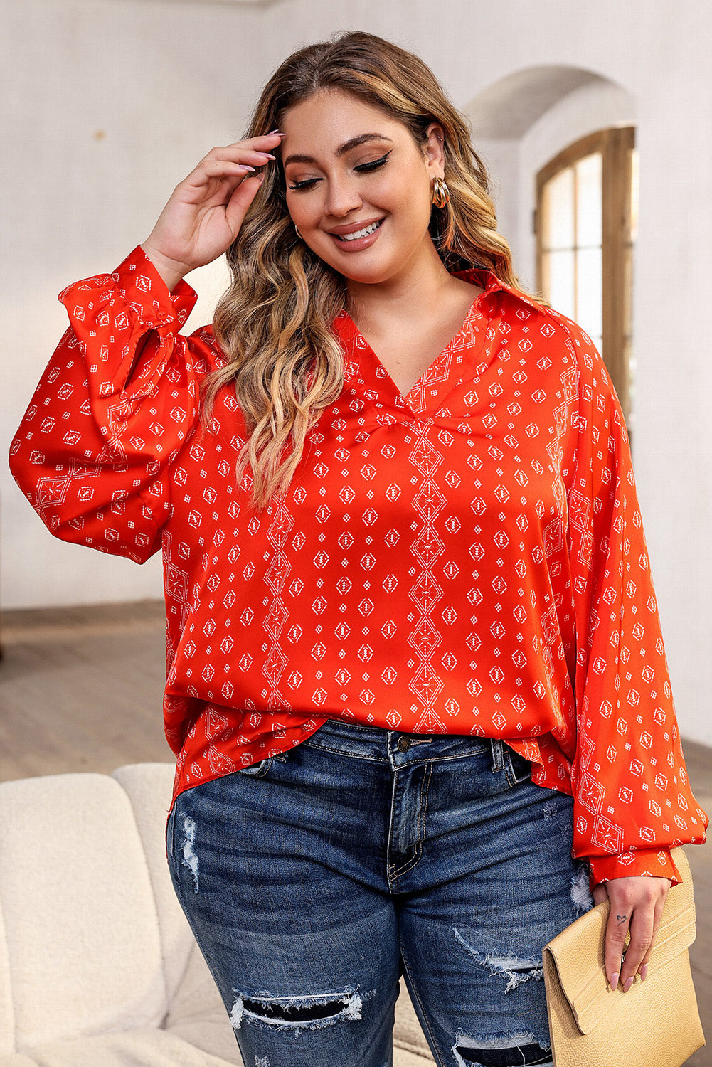 Plus Size Printed Johnny Collar Long Sleeve Blouse.