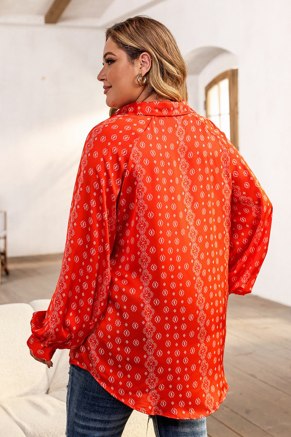 Plus Size Printed Johnny Collar Long Sleeve Blouse.