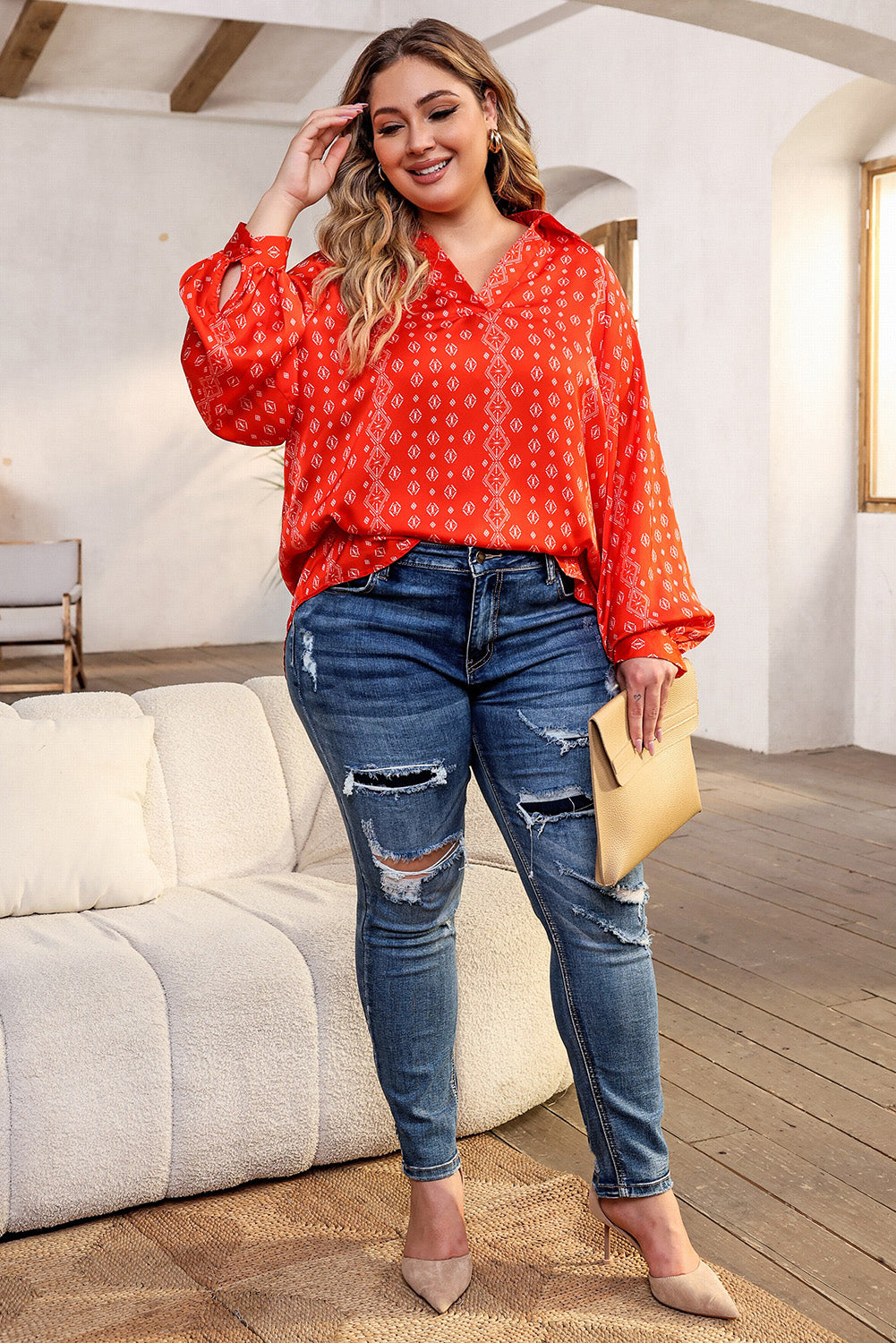 Plus Size Printed Johnny Collar Long Sleeve Blouse.