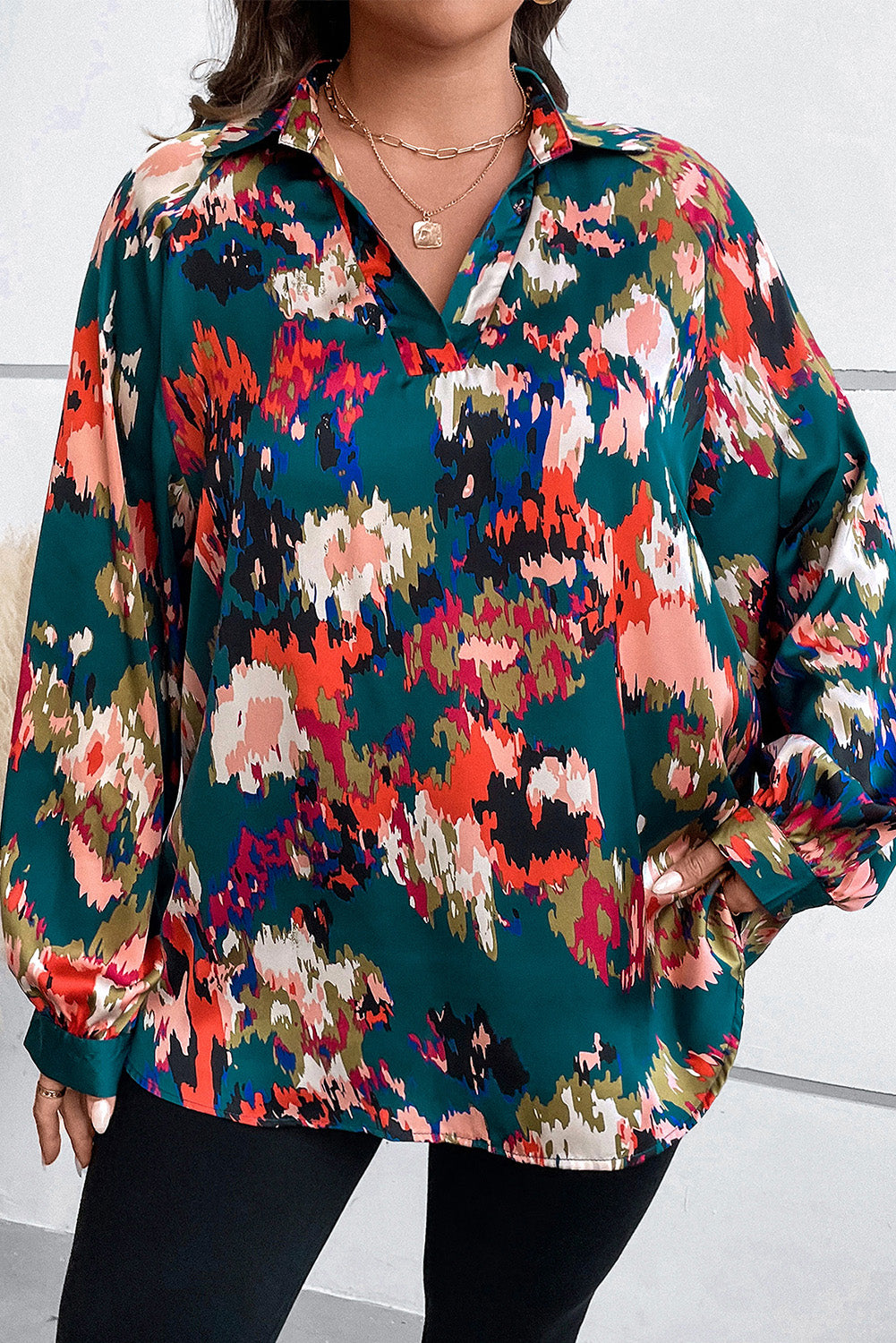 Plus Size Printed Johnny Collar Long Sleeve Blouse.
