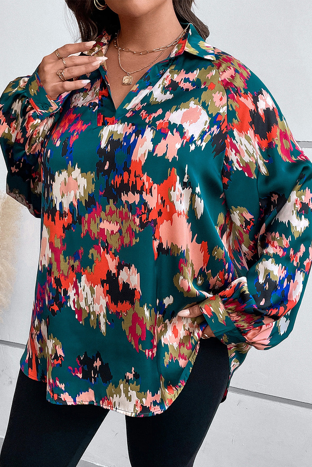 Plus Size Printed Johnny Collar Long Sleeve Blouse.