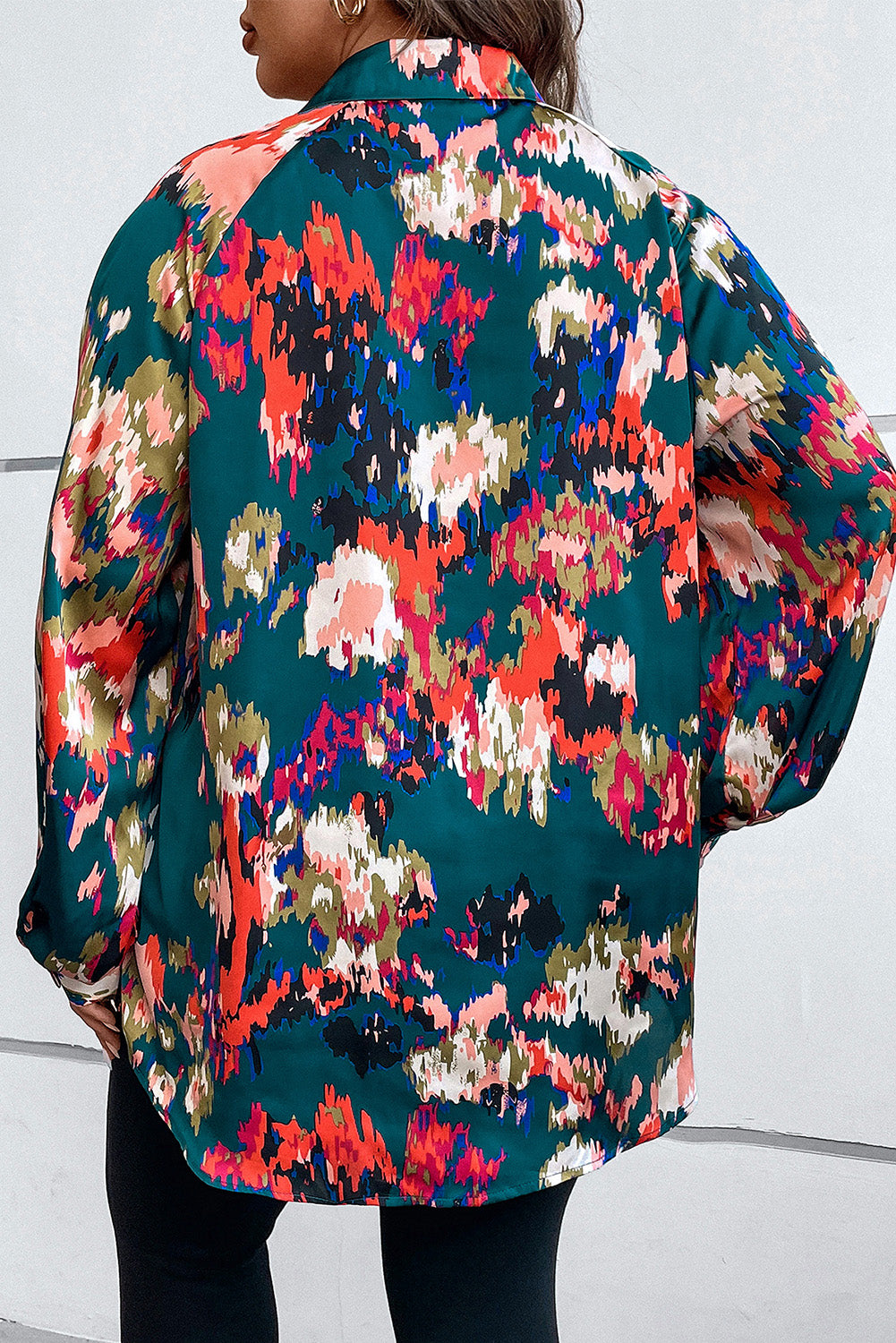 Plus Size Printed Johnny Collar Long Sleeve Blouse.