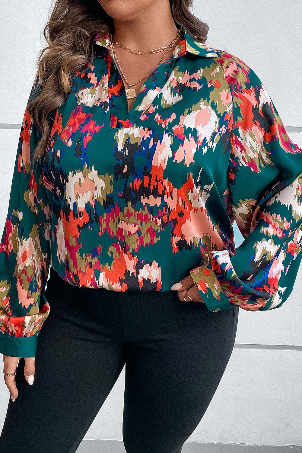 Plus Size Printed Johnny Collar Long Sleeve Blouse.