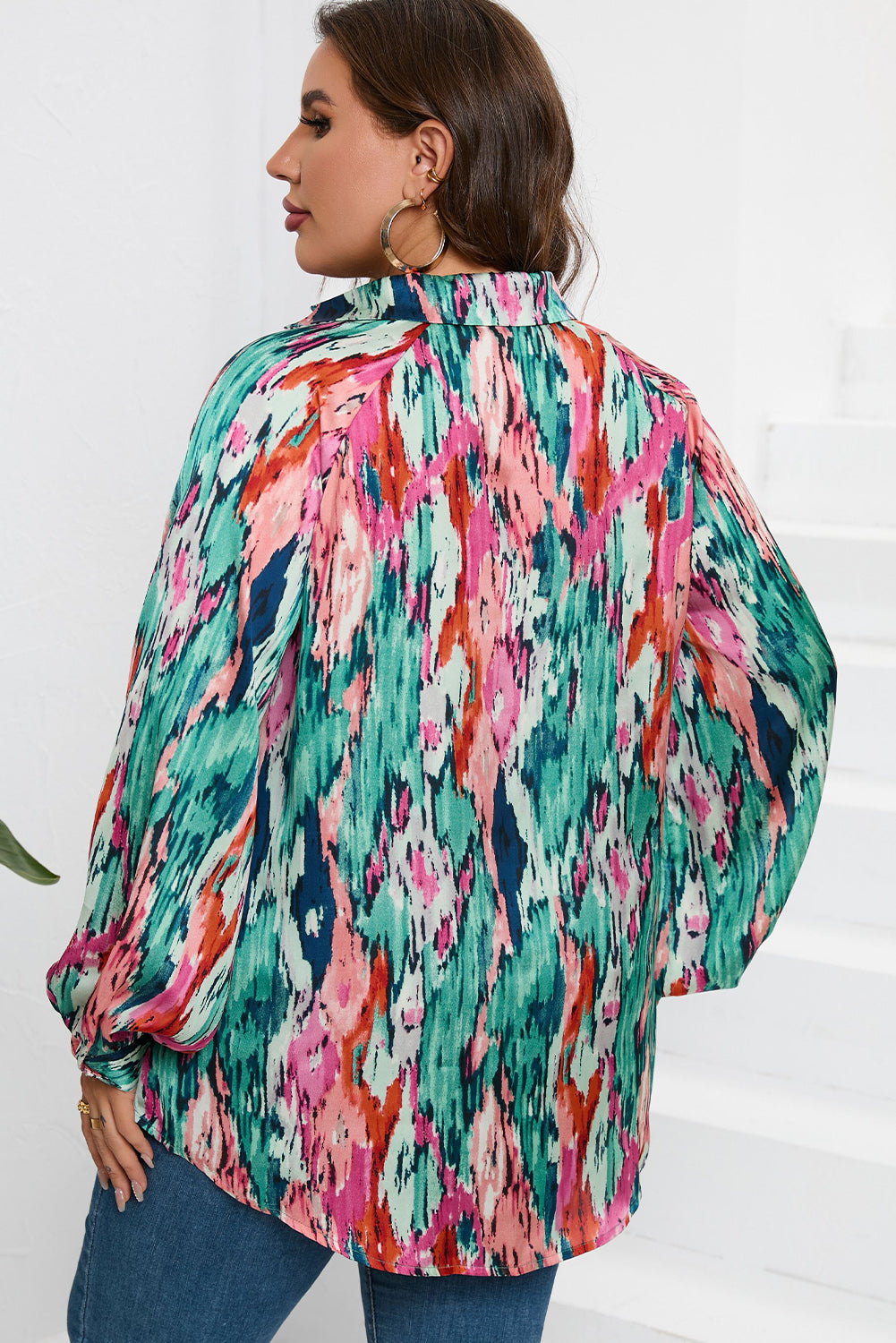 Plus Size Printed Johnny Collar Long Sleeve Blouse.