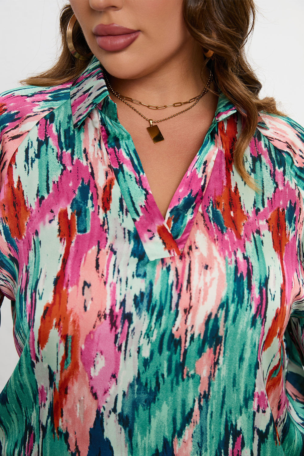 Plus Size Printed Johnny Collar Long Sleeve Blouse.