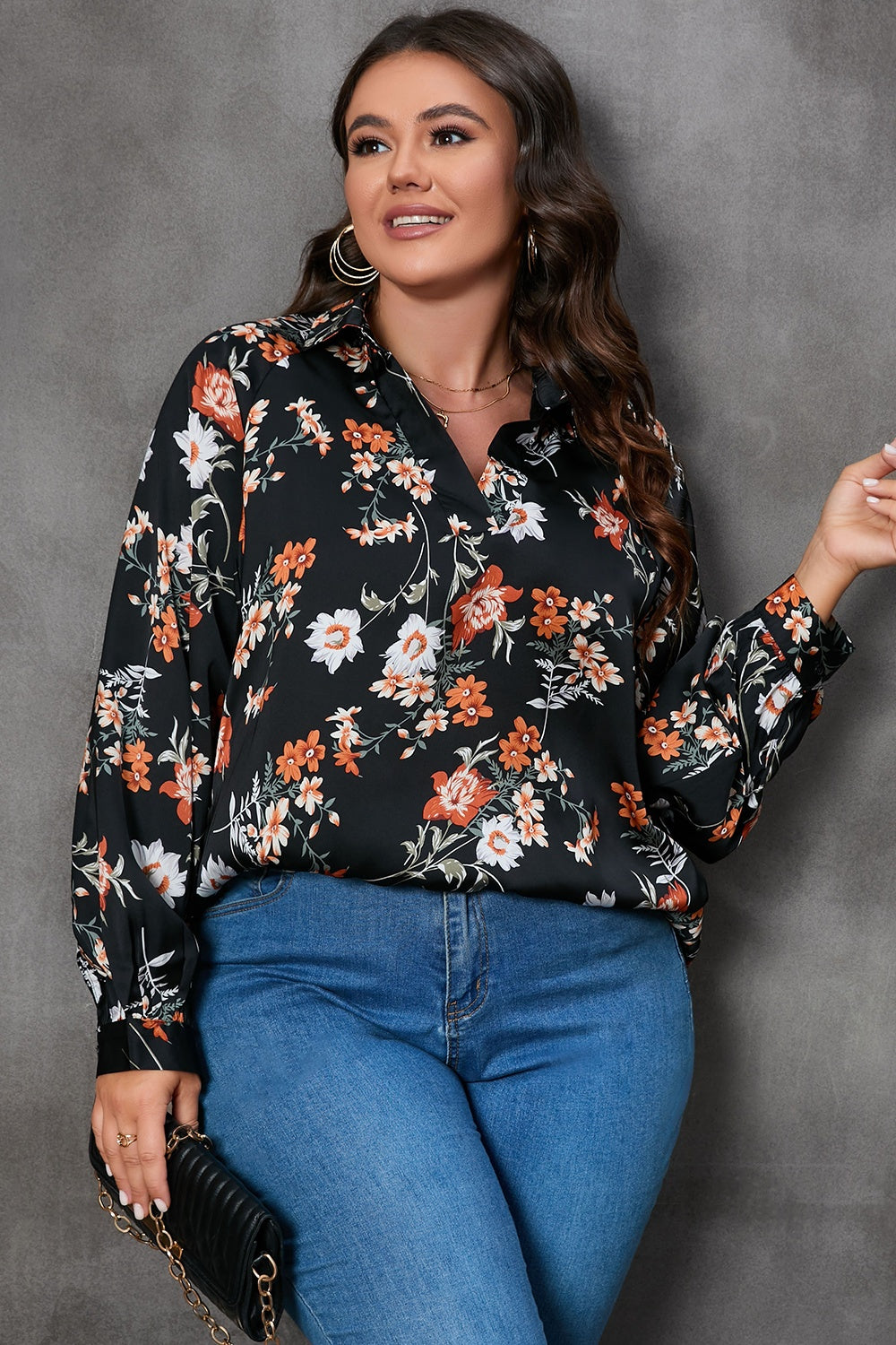 Plus Size Printed Johnny Collar Long Sleeve Blouse.