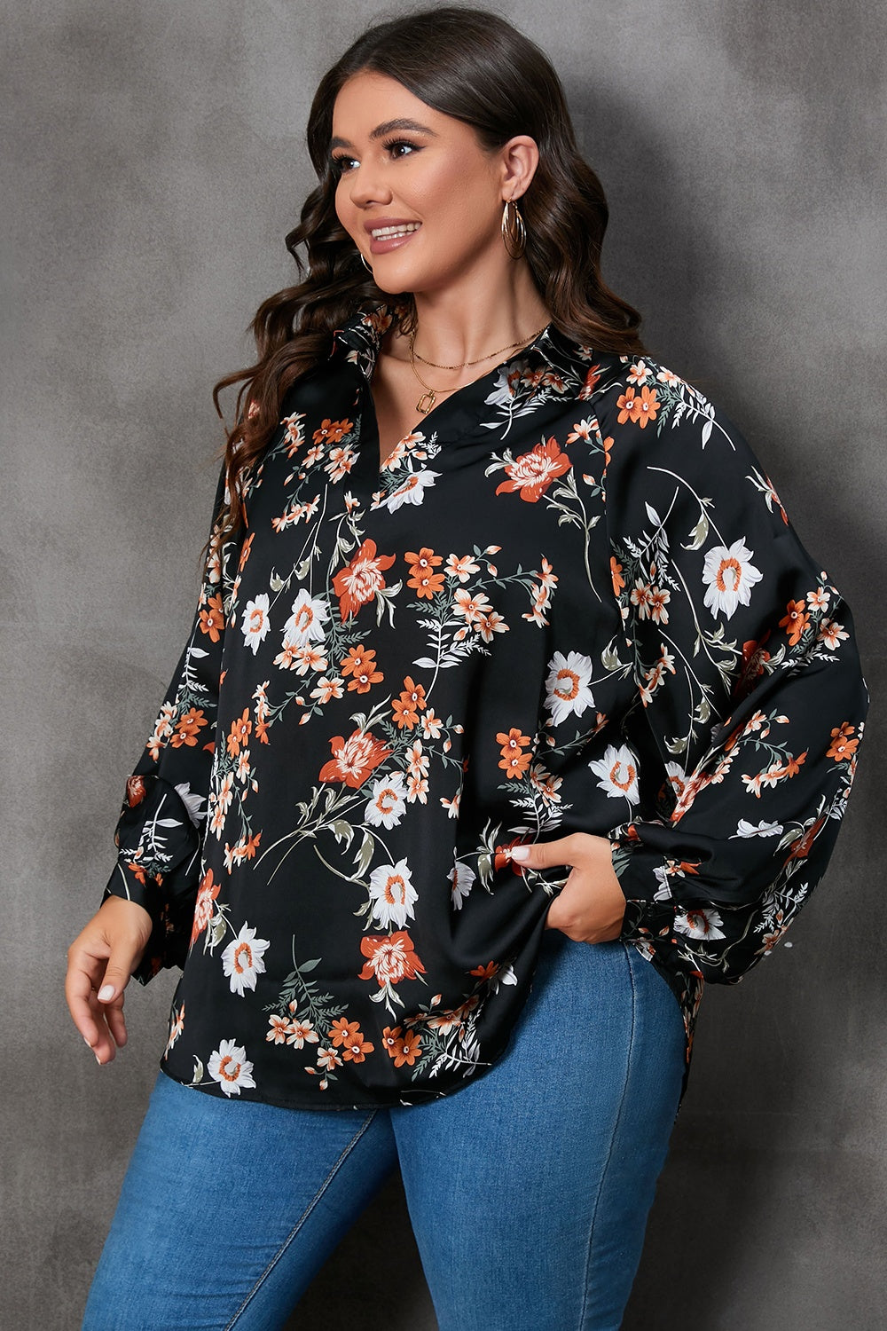 Plus Size Printed Johnny Collar Long Sleeve Blouse.