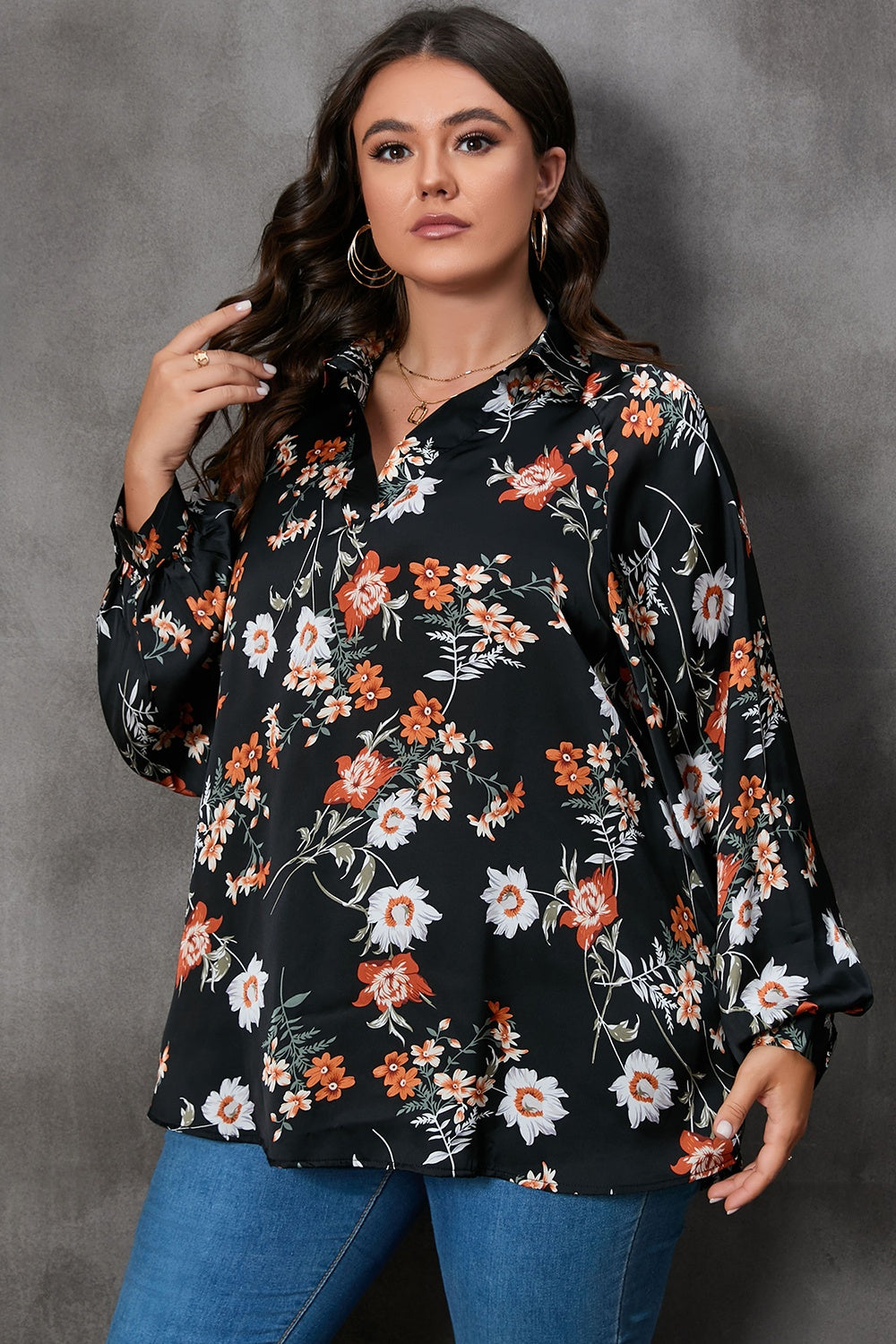 Plus Size Printed Johnny Collar Long Sleeve Blouse.