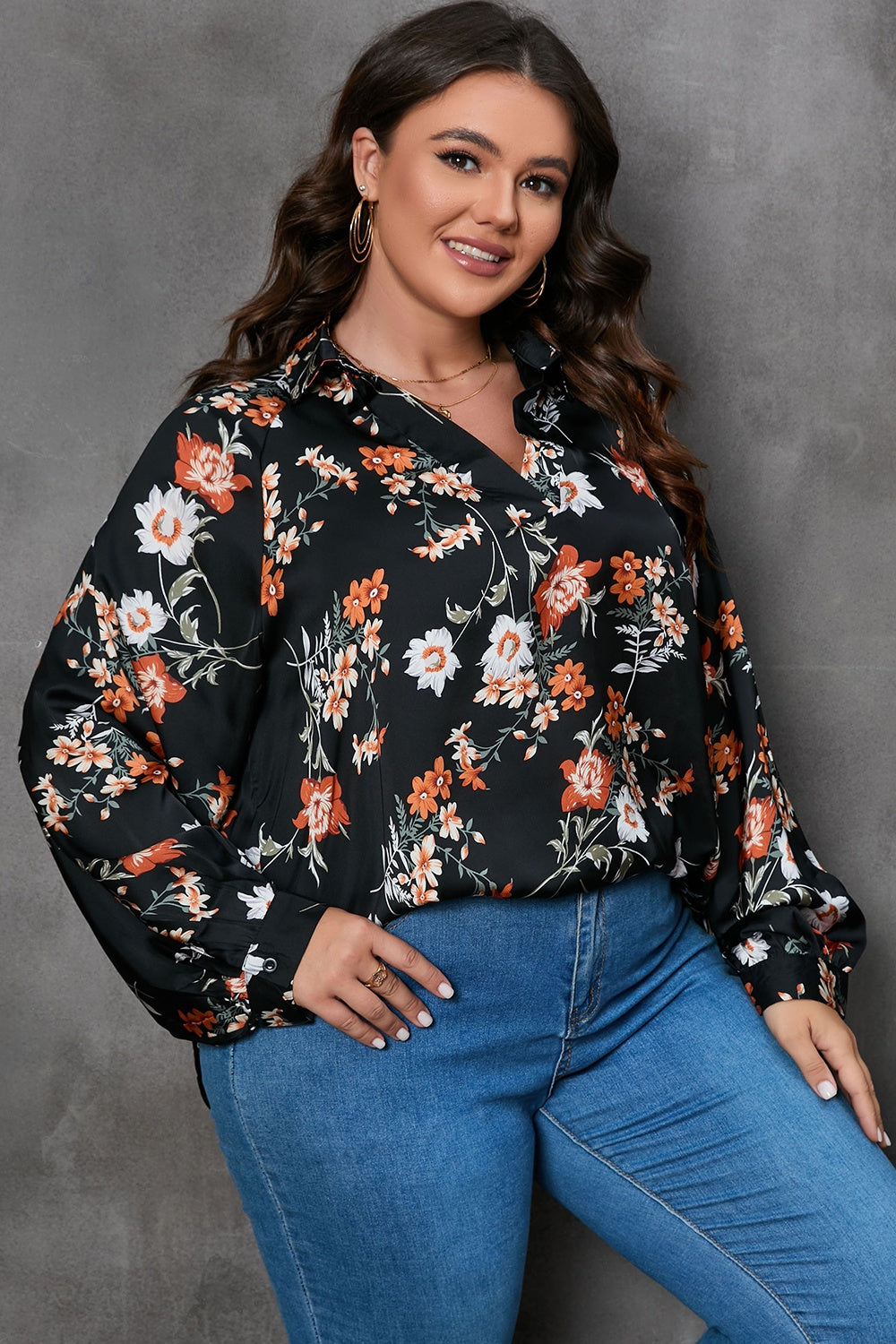 Plus Size Printed Johnny Collar Long Sleeve Blouse.