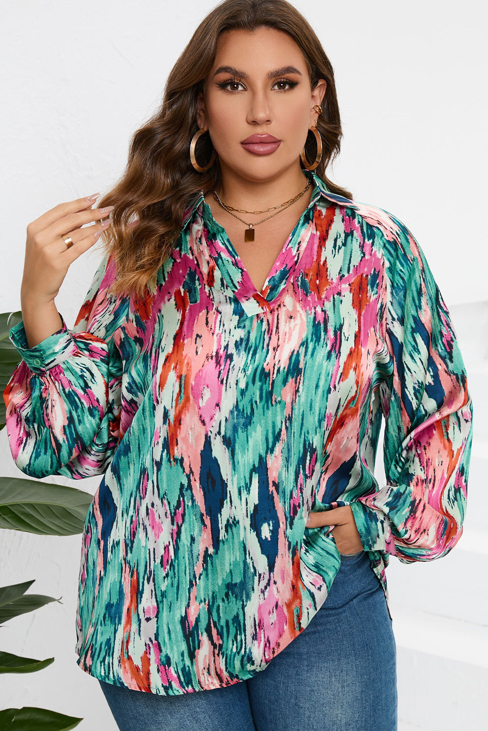 Plus Size Printed Johnny Collar Long Sleeve Blouse.