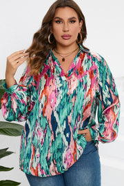 Plus Size Printed Johnny Collar Long Sleeve Blouse.