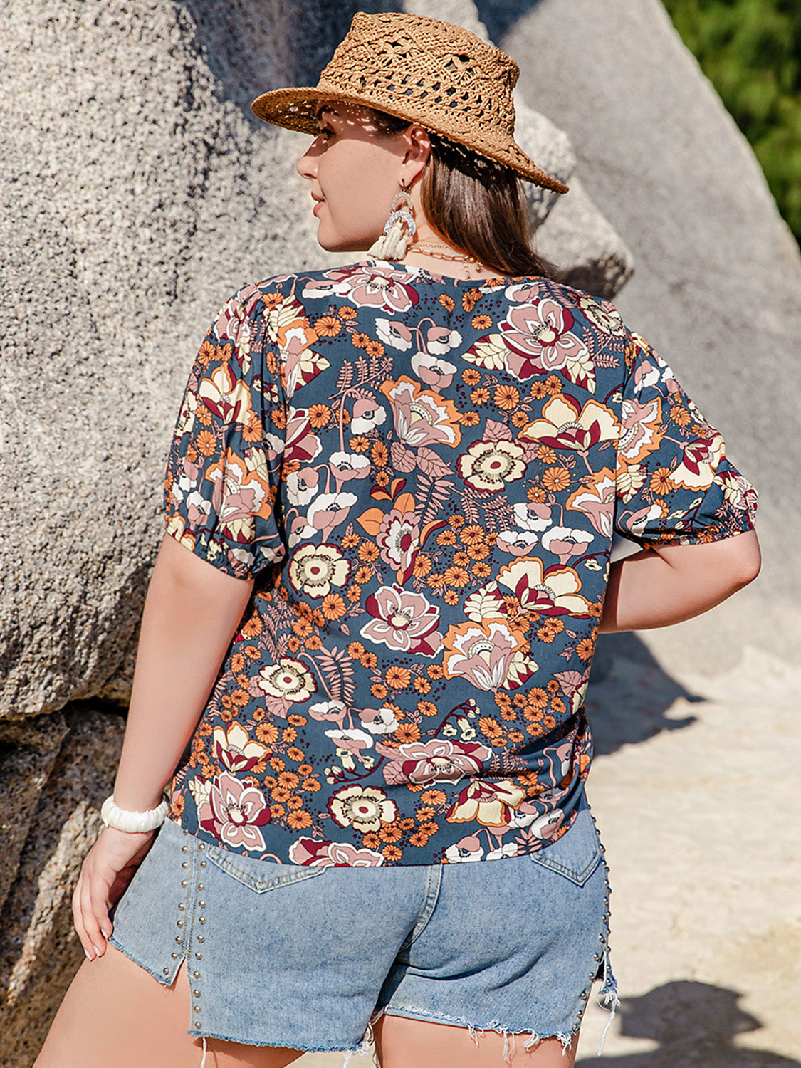 Plus Size Printed Notched Half Sleeve Blouse.