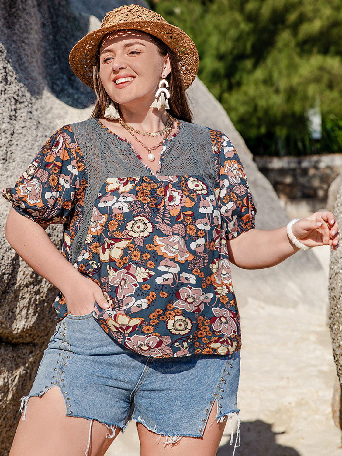 Plus Size Printed Notched Half Sleeve Blouse.