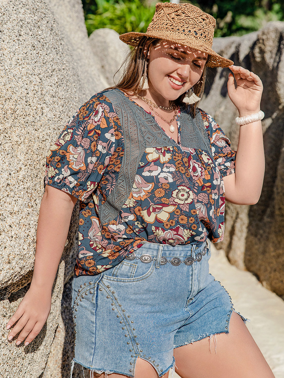 Plus Size Printed Notched Half Sleeve Blouse.