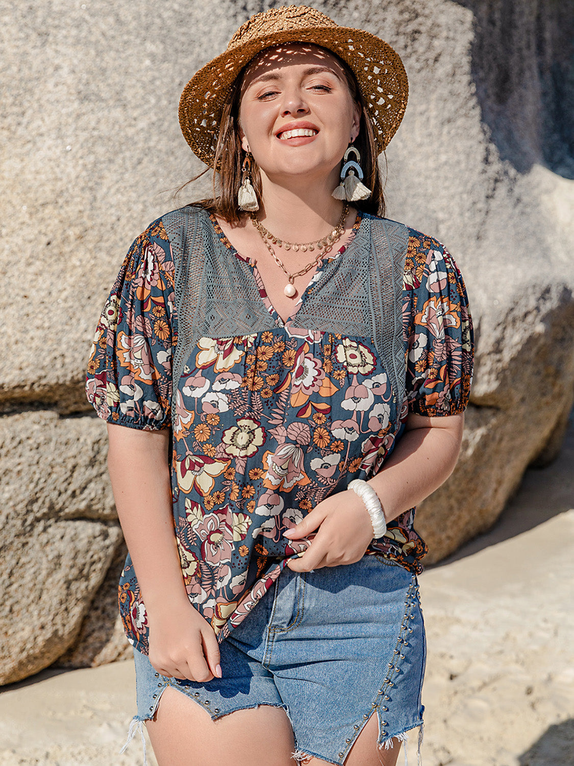 Plus Size Printed Notched Half Sleeve Blouse.