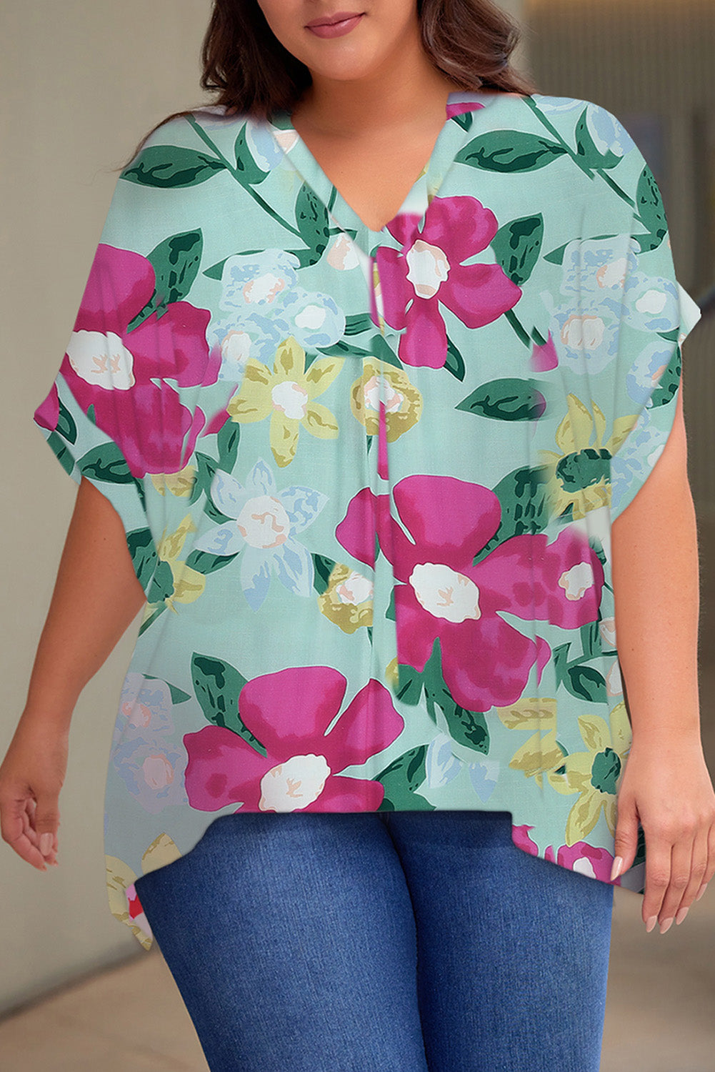 Plus Size Printed Notched Neck Half Sleeve Top.