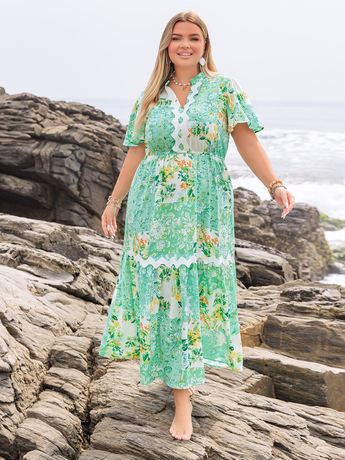 Plus Size Printed Notched Short Sleeve Maxi Dress.