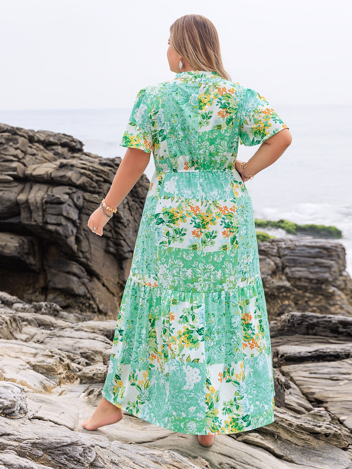 Plus Size Printed Notched Short Sleeve Maxi Dress.