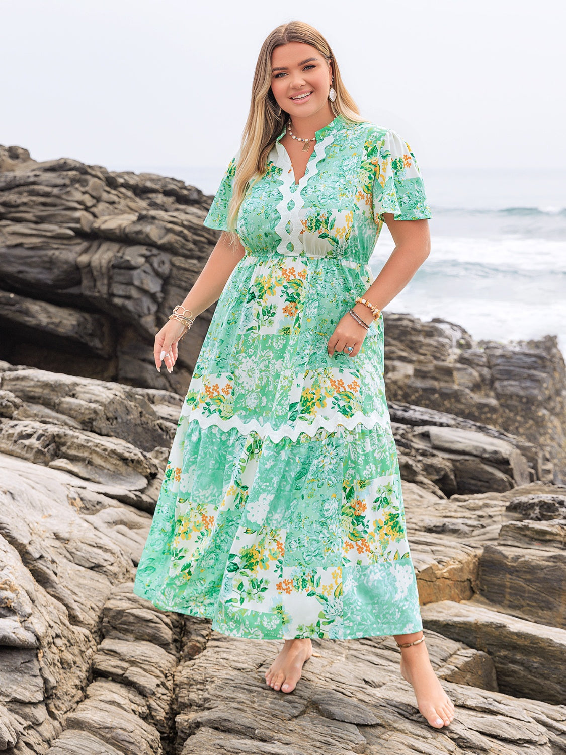 Plus Size Printed Notched Short Sleeve Maxi Dress.