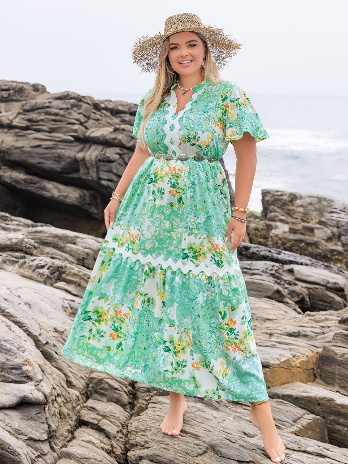 Plus Size Printed Notched Short Sleeve Maxi Dress.