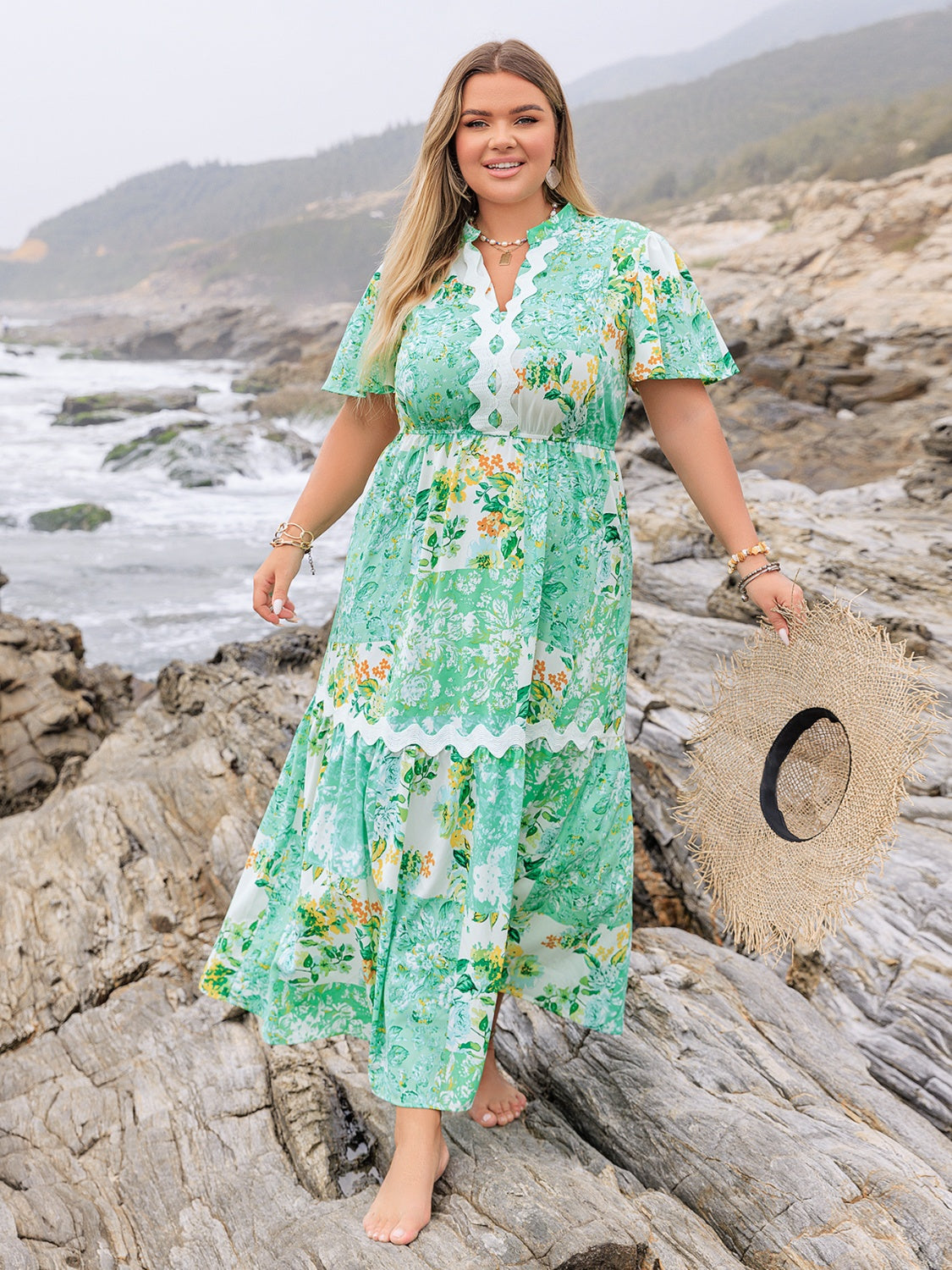 Plus Size Printed Notched Short Sleeve Maxi Dress.