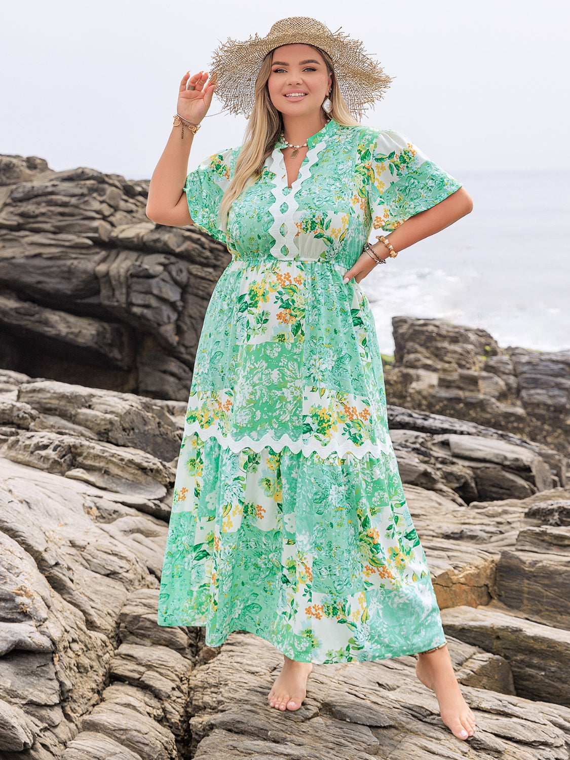 Plus Size Printed Notched Short Sleeve Maxi Dress.