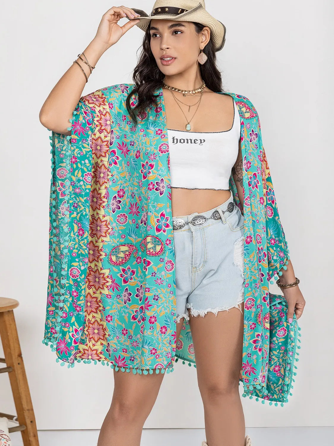 Plus Size Printed Open Front Cover-Up with Tassel.