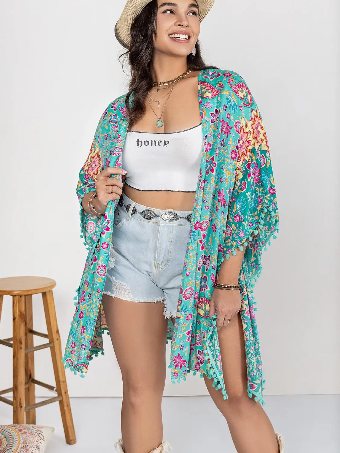 Plus Size Printed Open Front Cover-Up with Tassel.