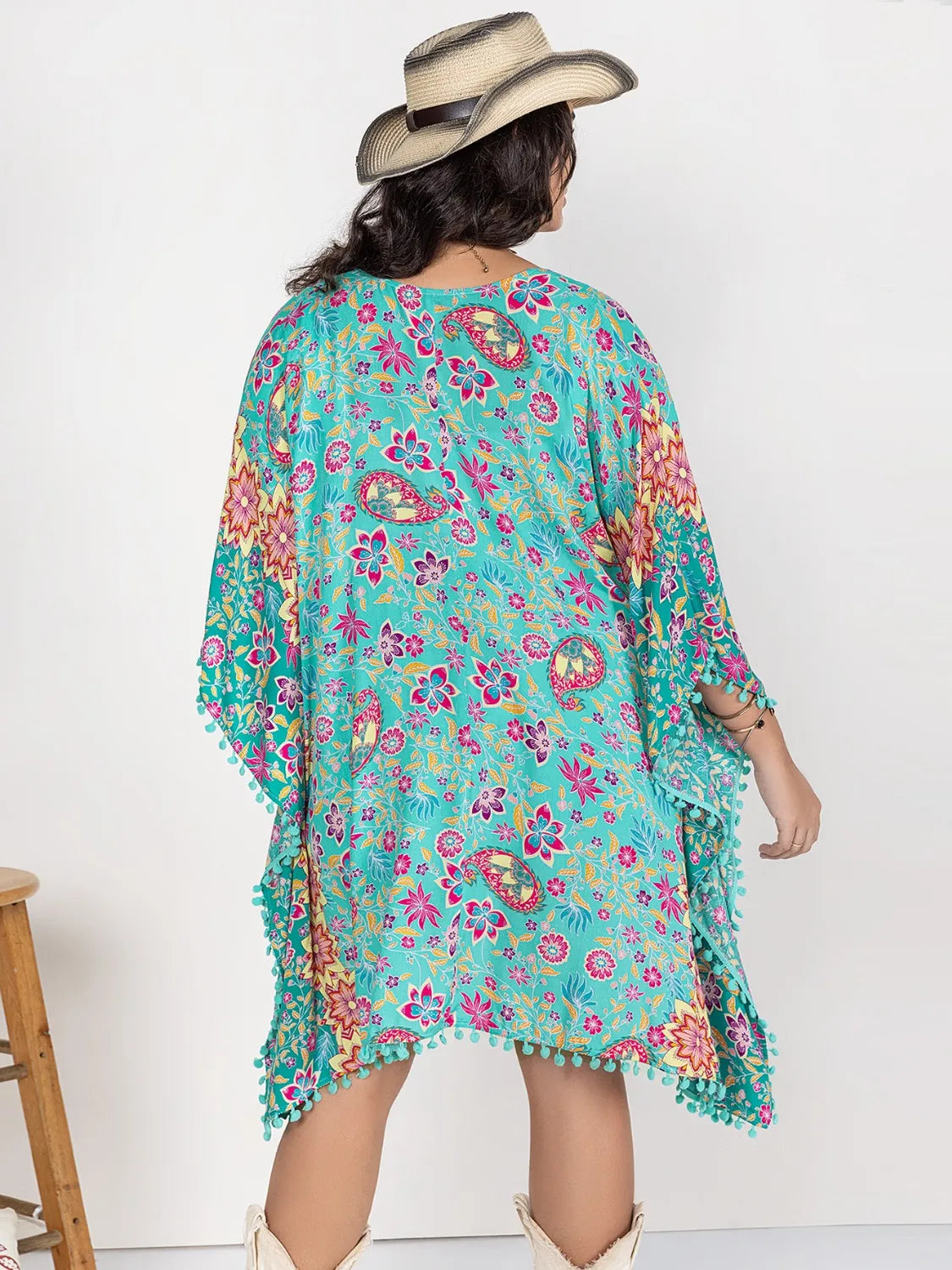 Plus Size Printed Open Front Cover-Up with Tassel.