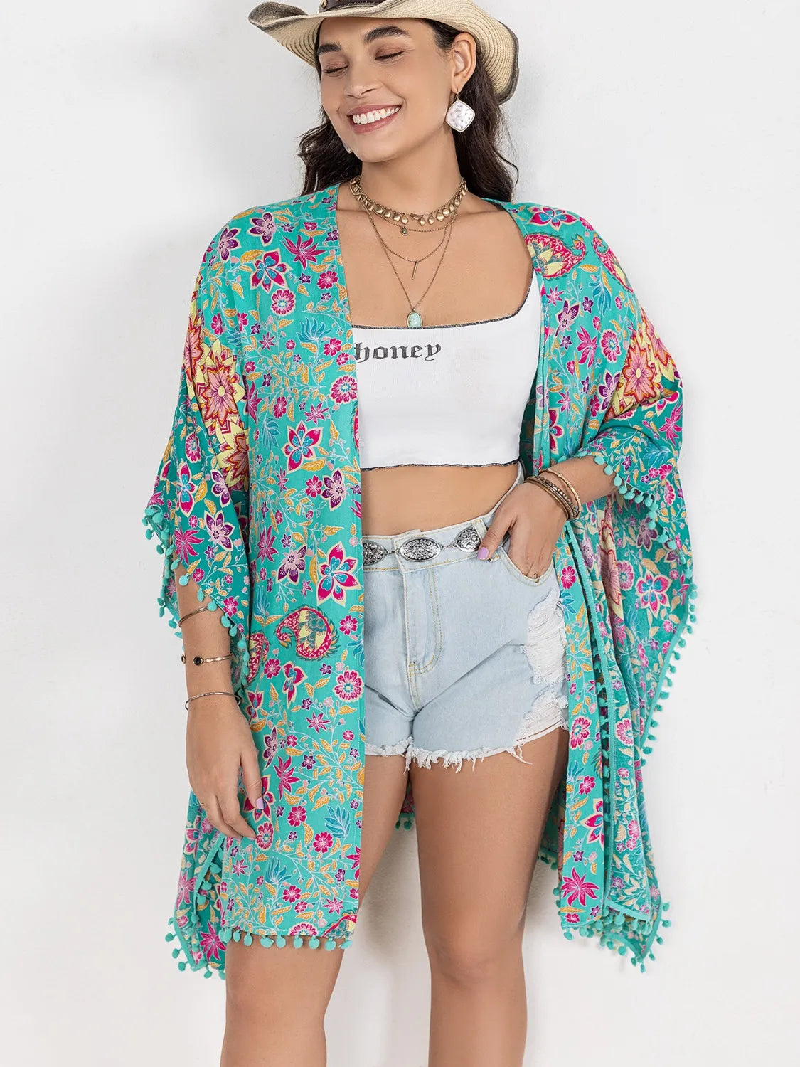 Plus Size Printed Open Front Cover-Up with Tassel.