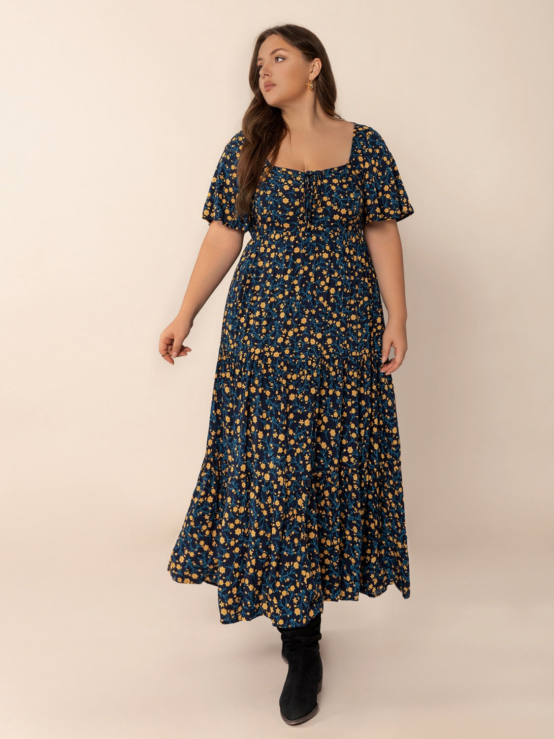 Plus Size Printed Short Sleeve Slit Tiered Maxi Dress.