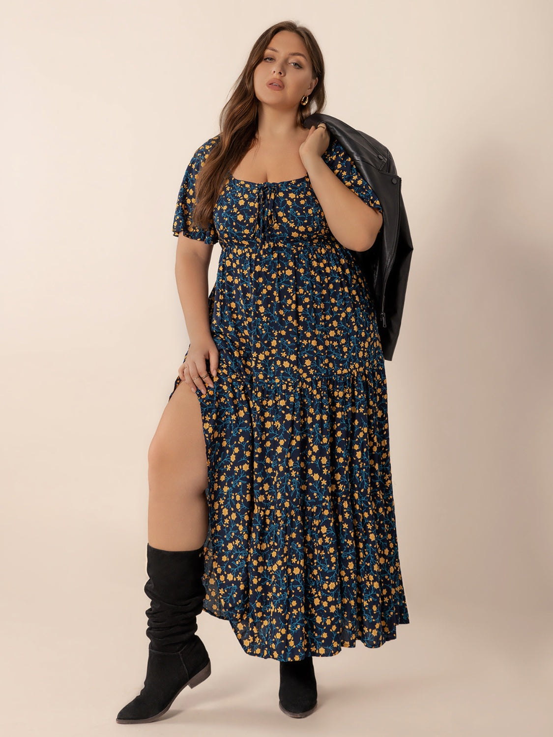 Plus Size Printed Short Sleeve Slit Tiered Maxi Dress.