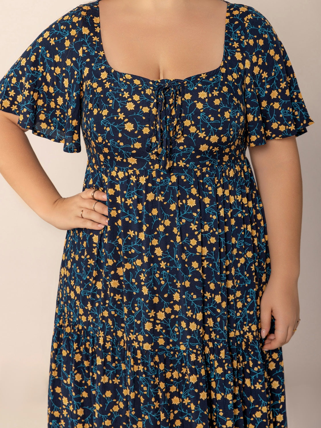 Plus Size Printed Short Sleeve Slit Tiered Maxi Dress.