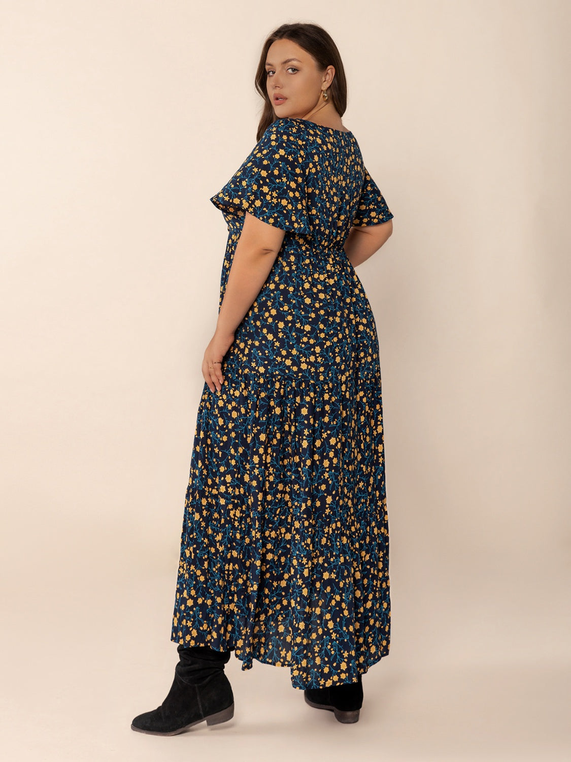 Plus Size Printed Short Sleeve Slit Tiered Maxi Dress.