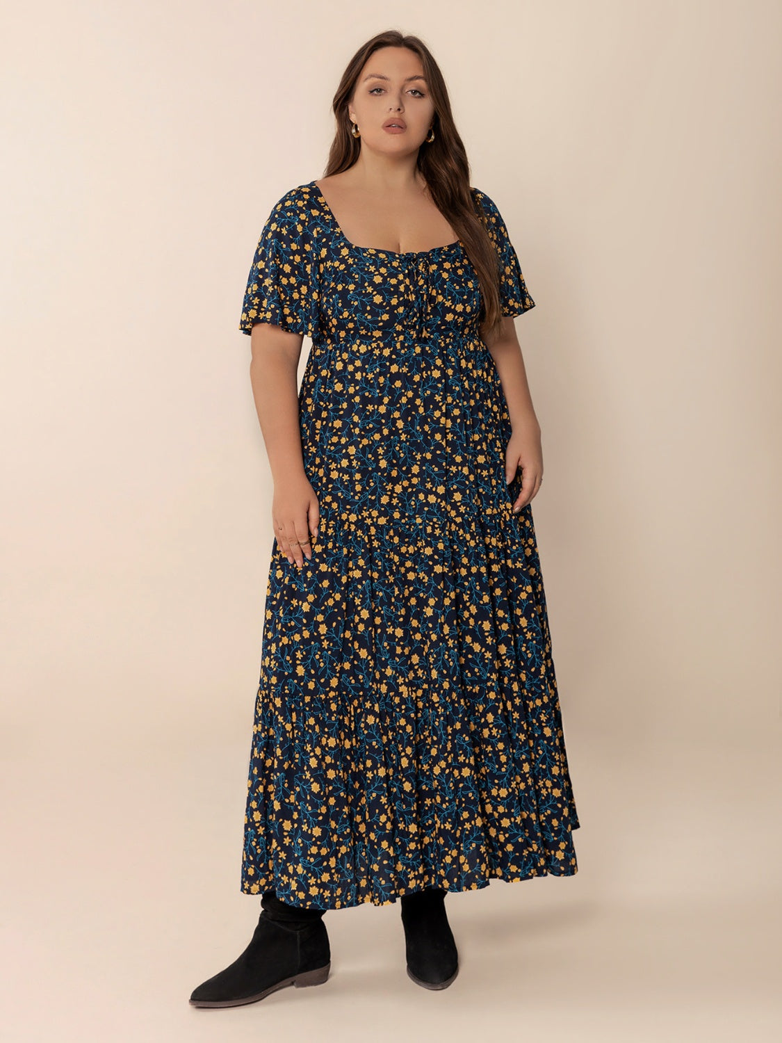 Plus Size Printed Short Sleeve Slit Tiered Maxi Dress.