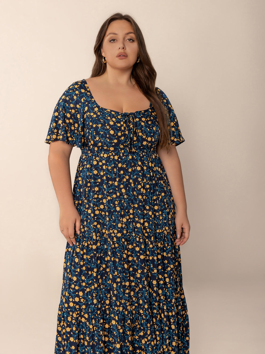 Plus Size Printed Short Sleeve Slit Tiered Maxi Dress.