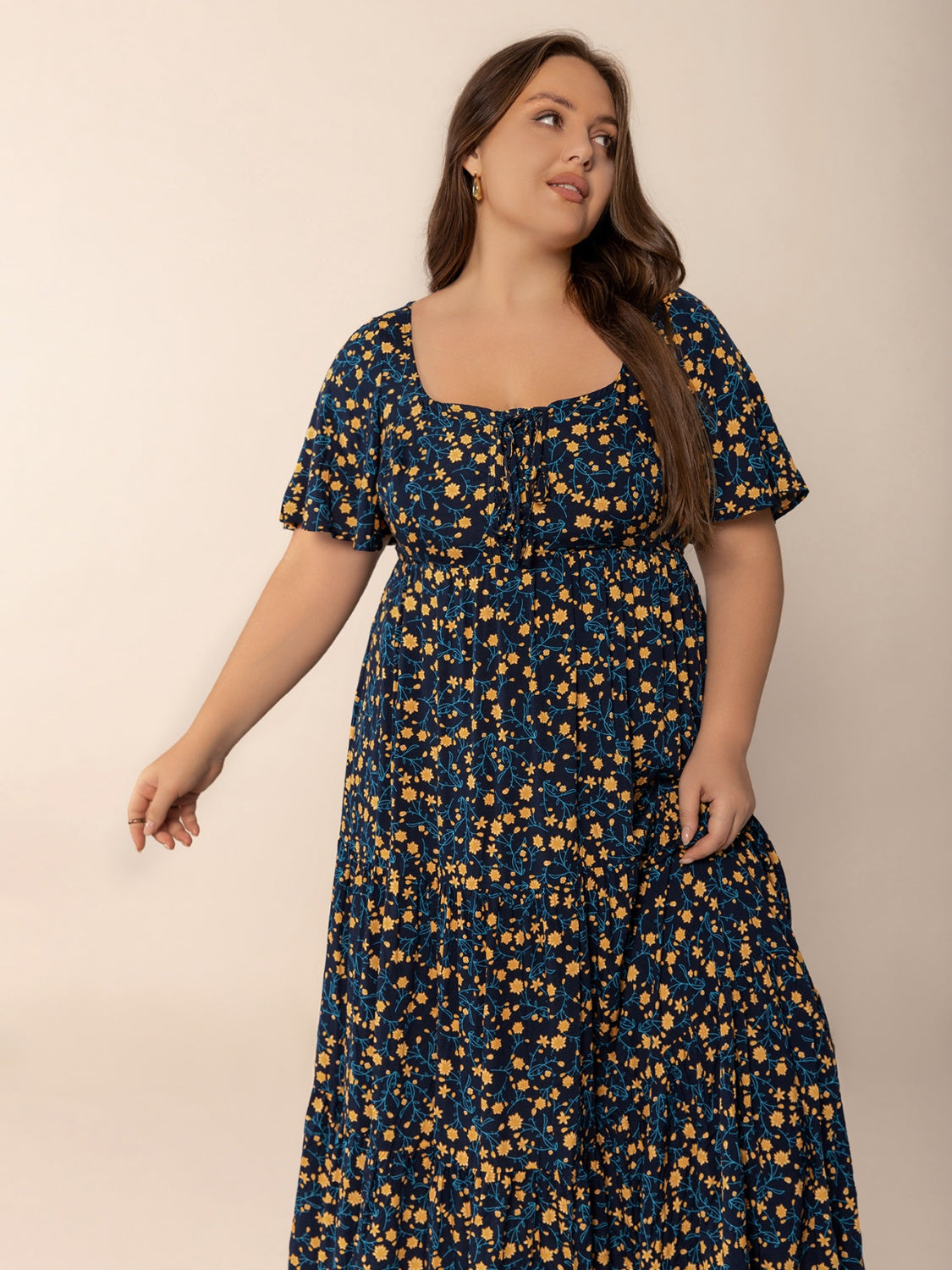 Plus Size Printed Short Sleeve Slit Tiered Maxi Dress.
