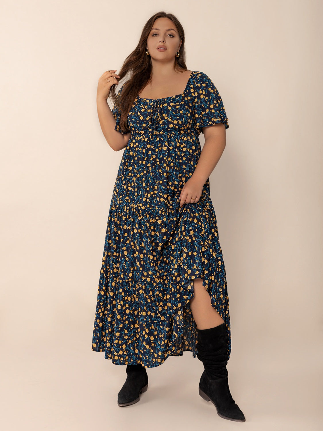 Plus Size Printed Short Sleeve Slit Tiered Maxi Dress.