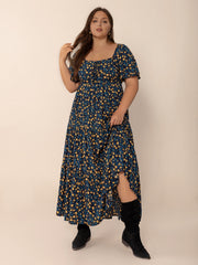 Plus Size Printed Short Sleeve Slit Tiered Maxi Dress.