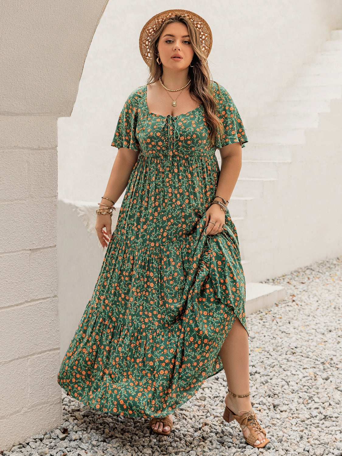 Plus Size Printed Short Sleeve Tiered Maxi Dress.