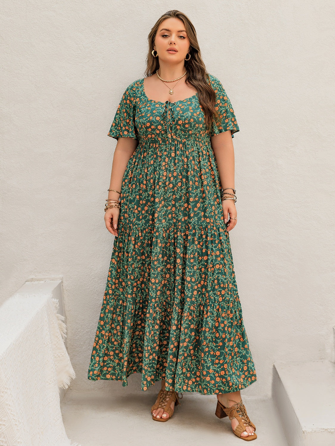 Plus Size Printed Short Sleeve Tiered Maxi Dress.