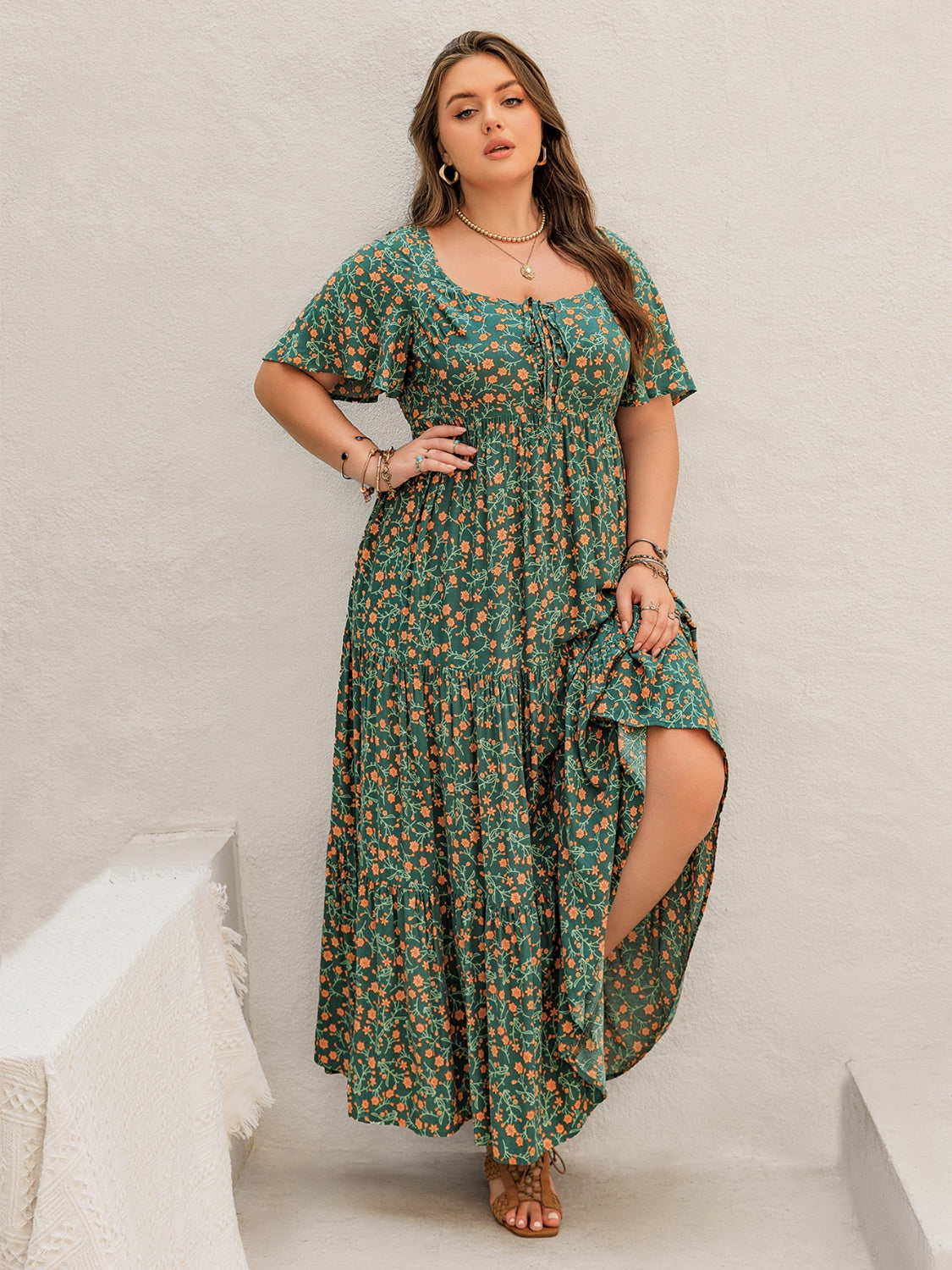 Plus Size Printed Short Sleeve Tiered Maxi Dress.