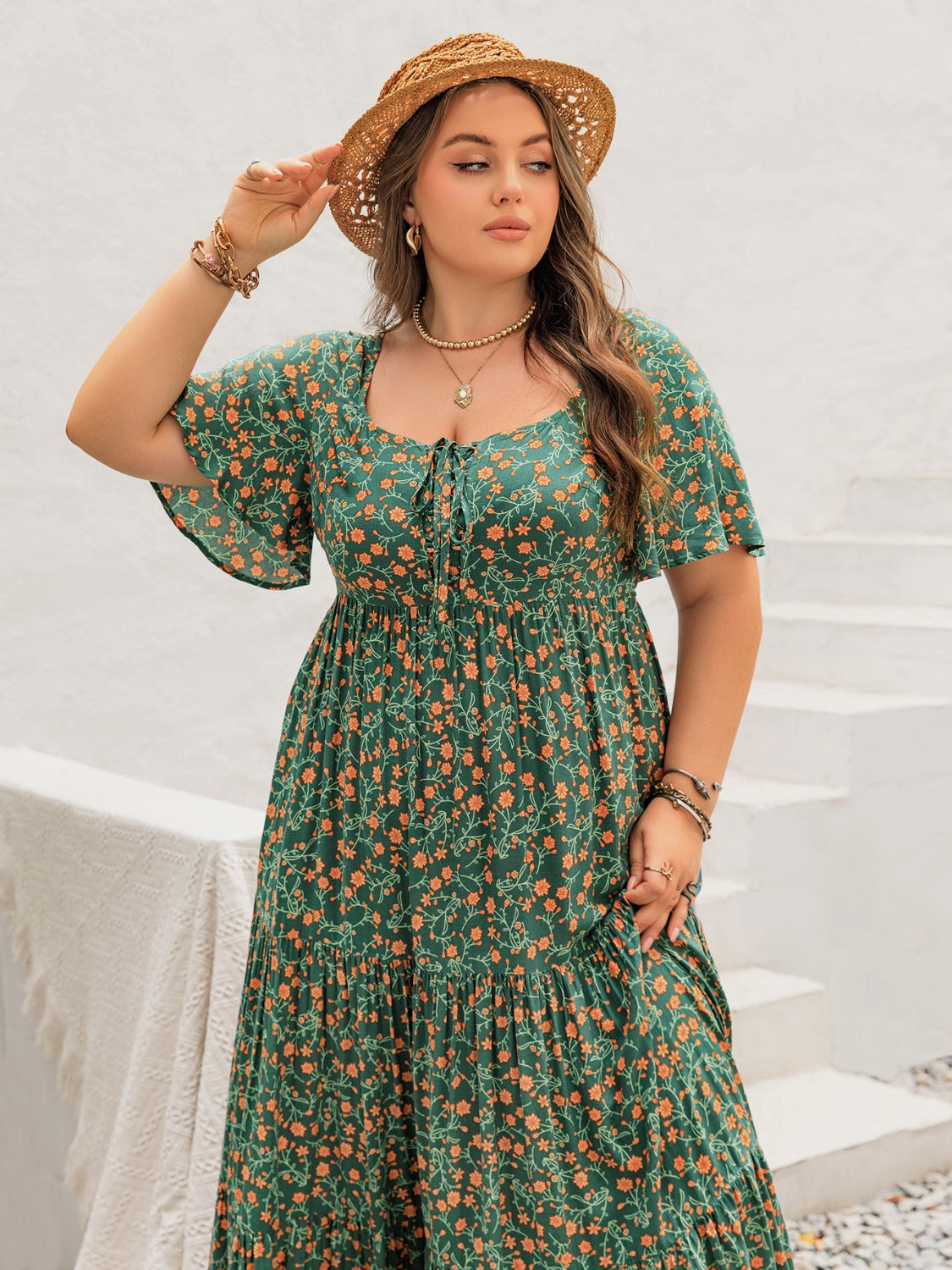 Plus Size Printed Short Sleeve Tiered Maxi Dress.